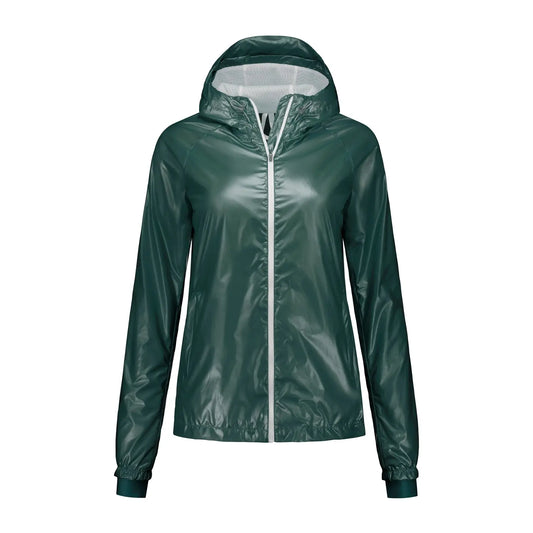 Slylish windbreaker with hood and zip pockets made of shiny waterproof fabric, green colour