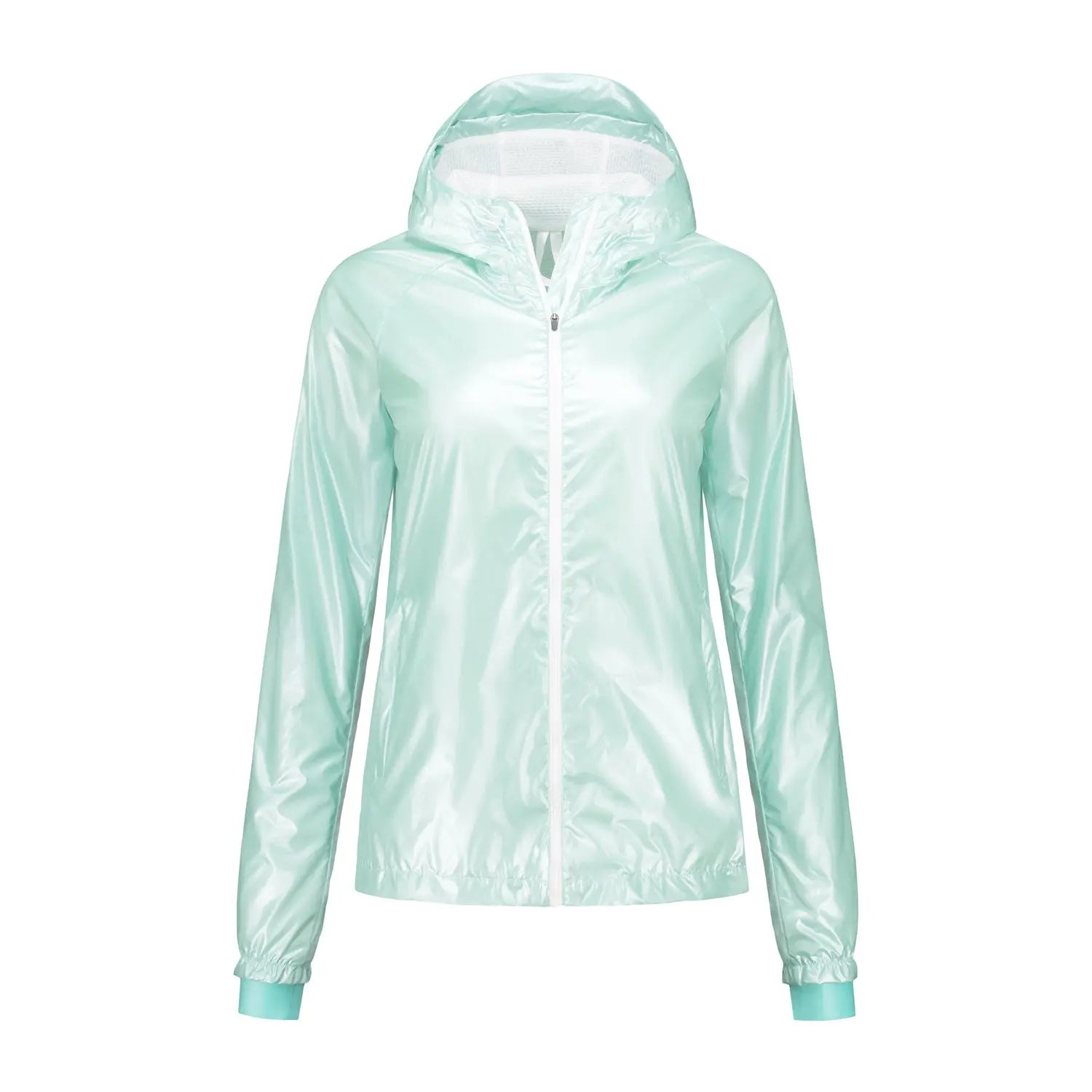 Slylish windbreaker with hood and zip pockets made of shiny waterproof fabric, front photo