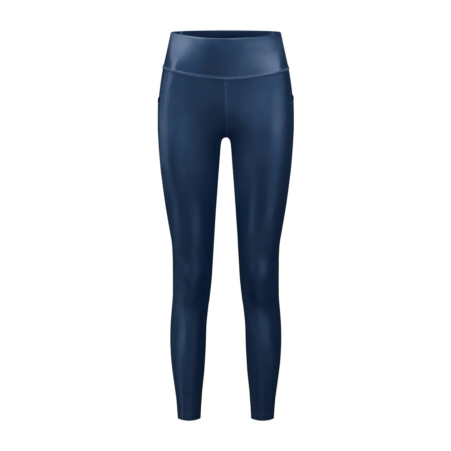 All-day wear leggings, comfortable with a high waist, made from premium shiny fabric, produced in Italy. Front image of Navy Outdoor Leggings. 