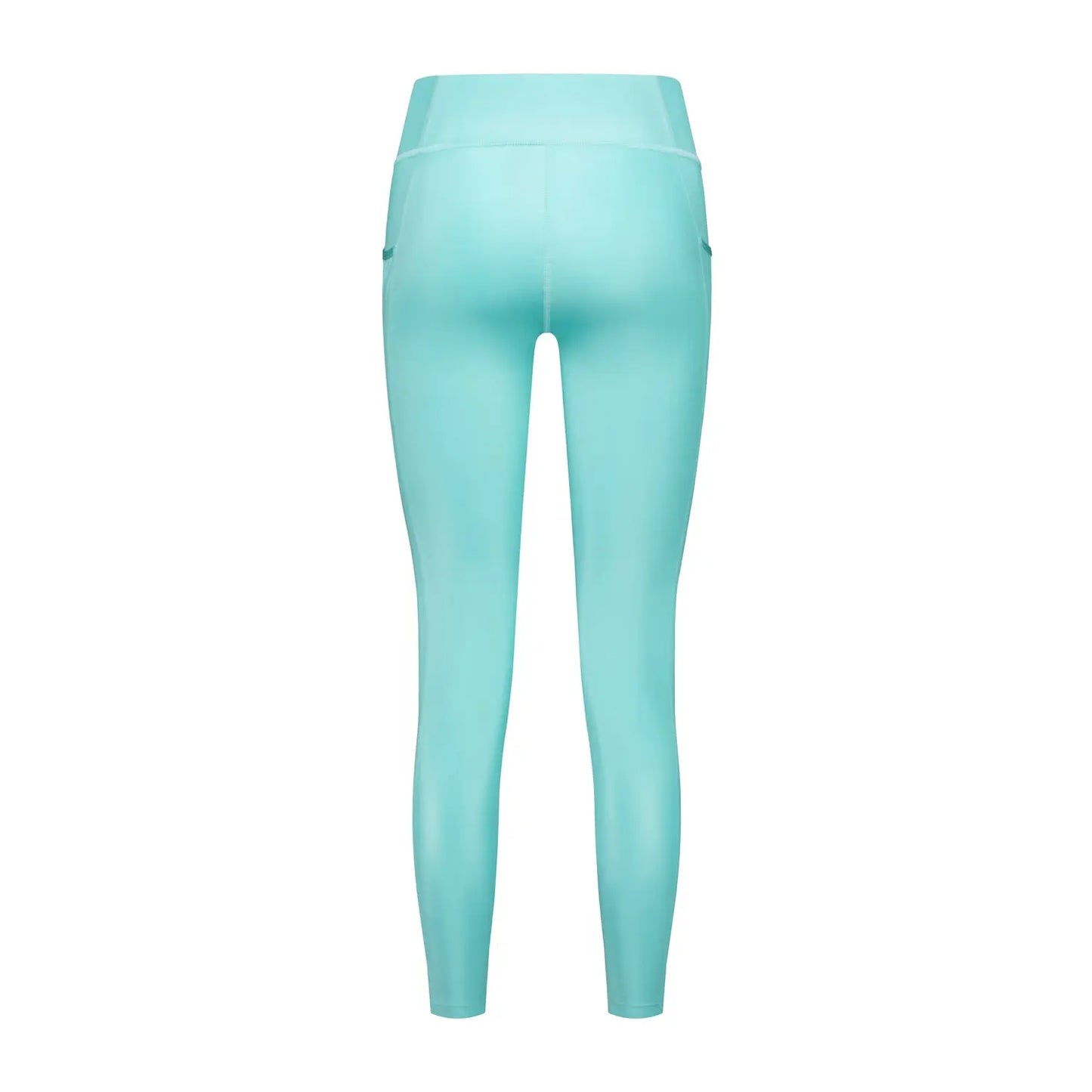 Back image of outddor leggings made of a shiny premium fabric in aquamarine colour.