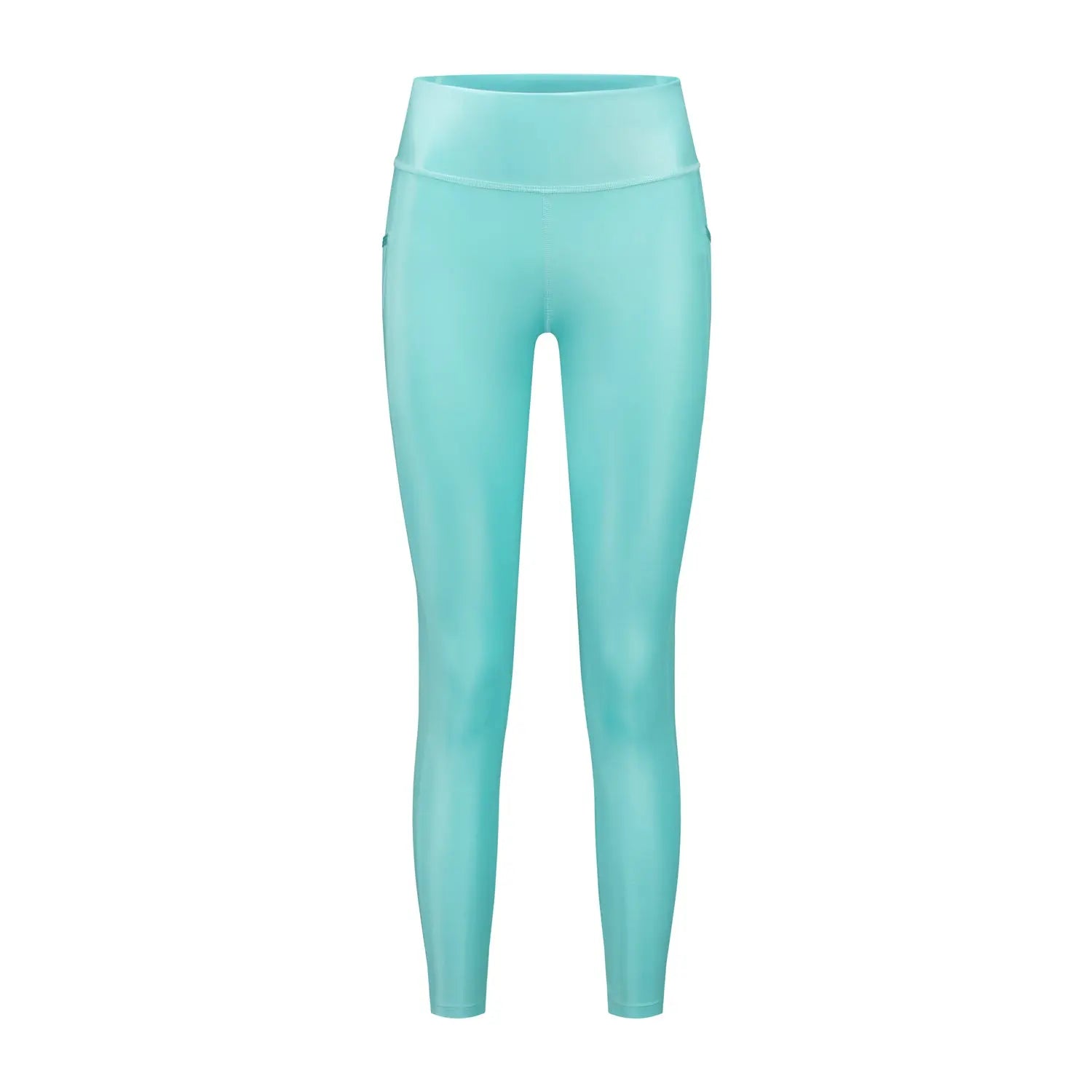 Front image of outddor leggings made of a shiny premium fabric in aquamarine colour.