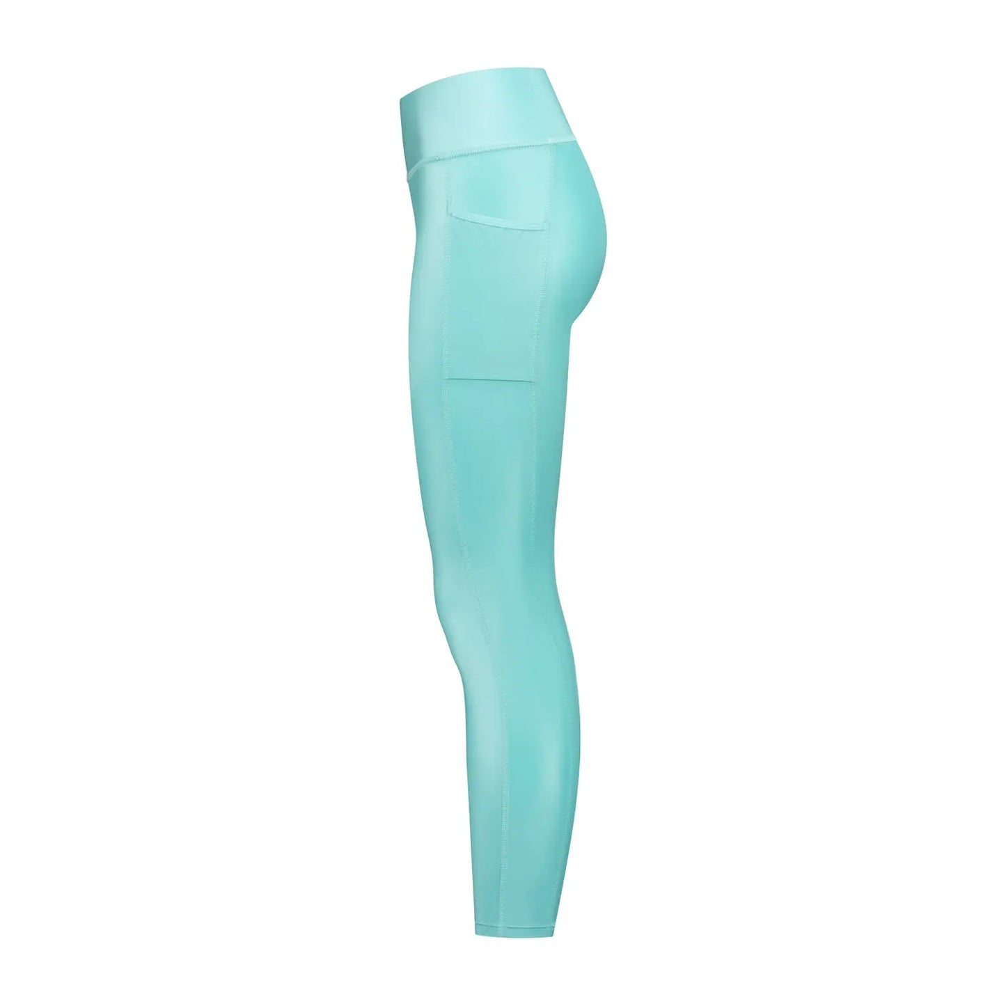 Side image of outddor leggings made of a shiny premium fabric in aquamarine colour. Pockets on the each side of the leggings on the hips. 